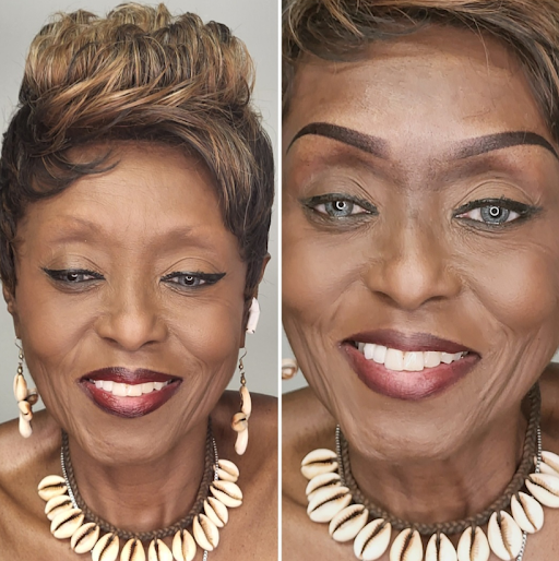Before and after photo showing enhanced eyebrow transformation on a woman.