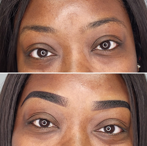 Before-and-after close-up of a person’s eyes showing natural brows (top) and bold, filled-in brows (bottom).