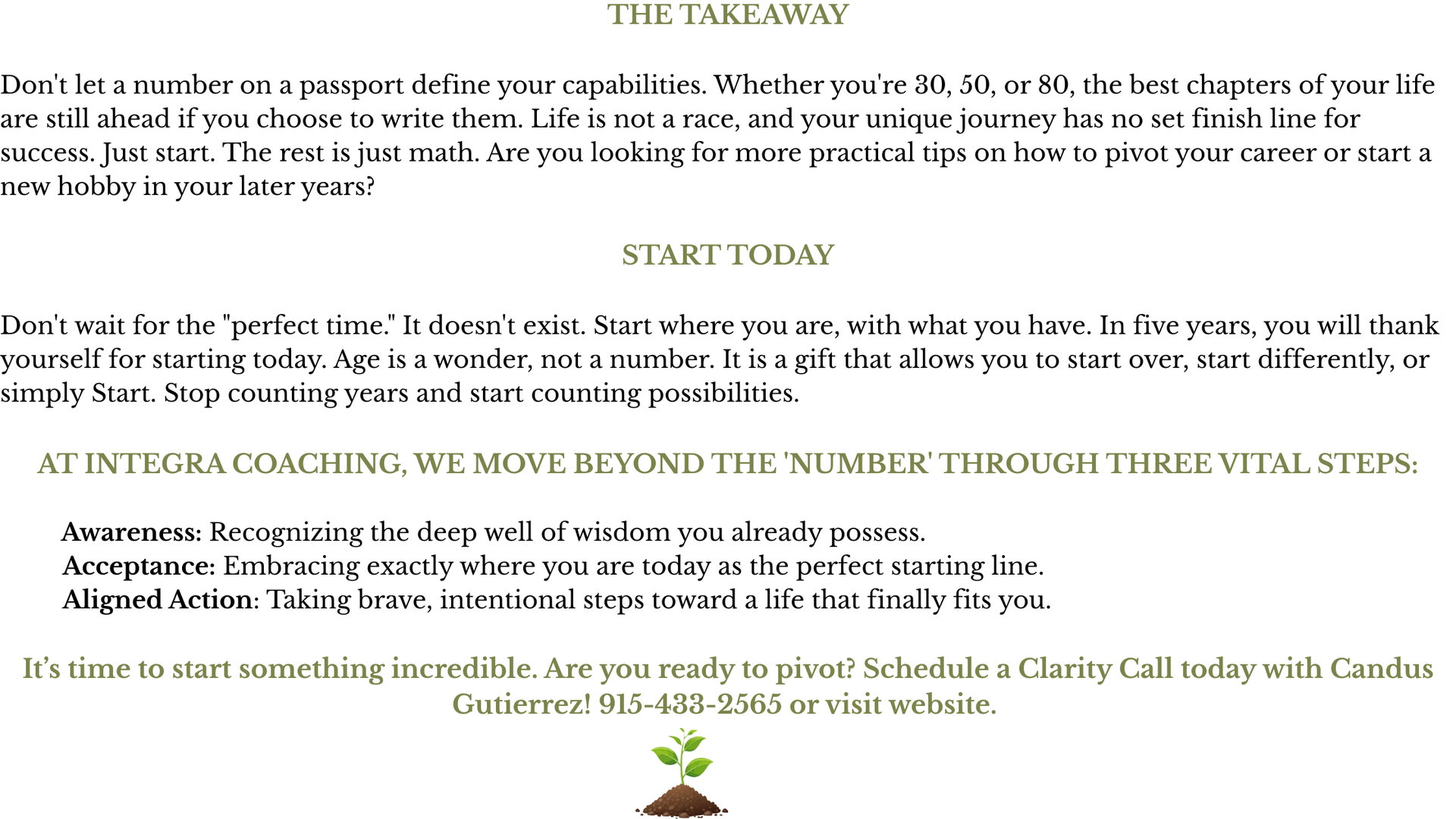 Text from Integra Coaching about overcoming age-related limitations, with a small graphic of a sprouting plant at the bottom.