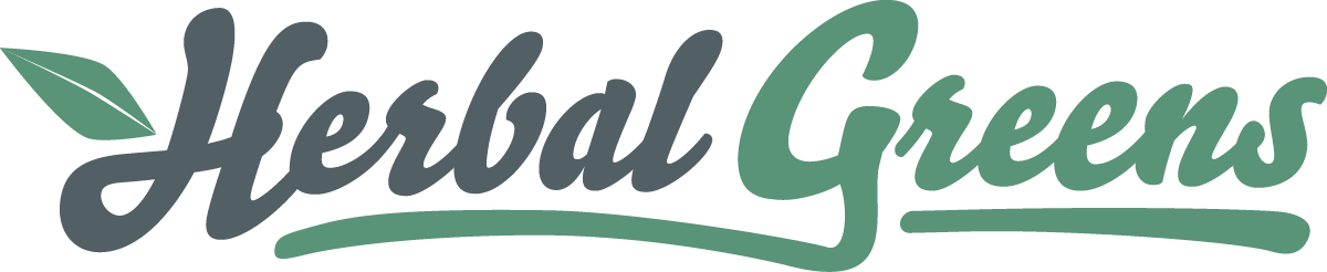 Herbal Greens logo with a leaf, in a script font, green and dark teal.