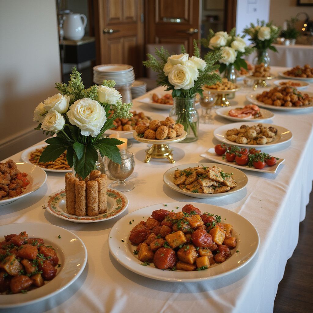 Table de buffet avec divers plats et centres de table floraux; cadre lumineux.