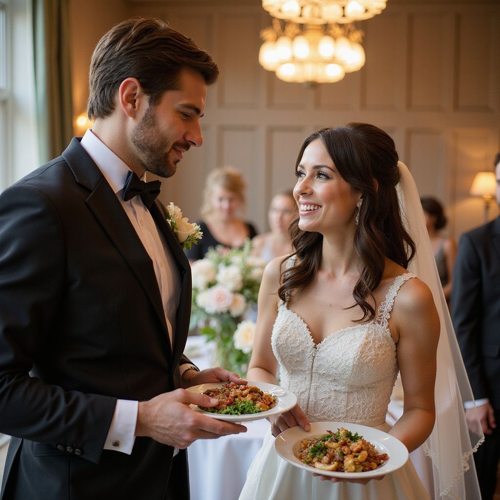Les mariés à la réception de mariage, tenant des assiettes de nourriture, se souriant.