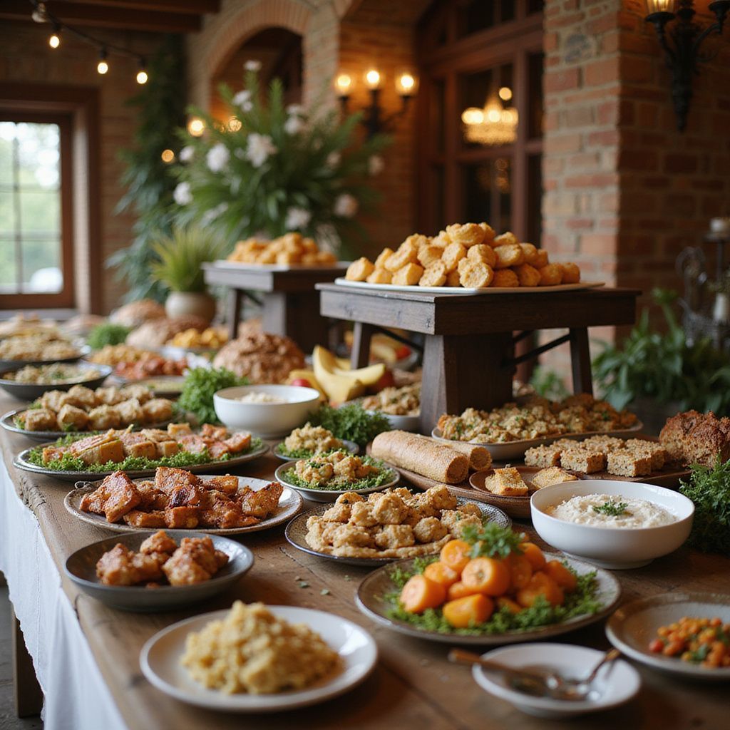 Chez Bex, traiteur au Havre Buffet chargé de nourriture : poulet frit, légumes et trempettes