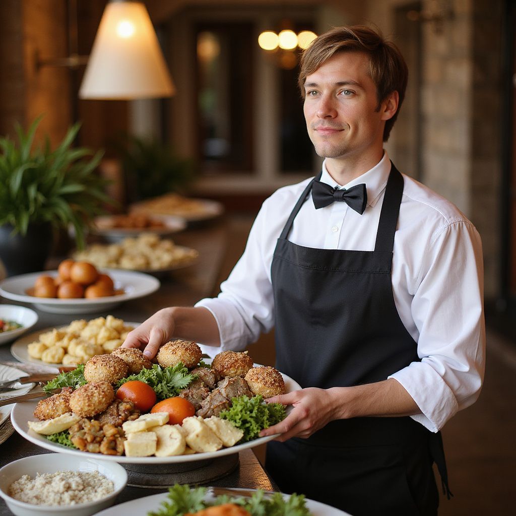 Serveur souriant tenant un plateau. Chemise blanche, nœud papillon noir, tablier. Buffet.
