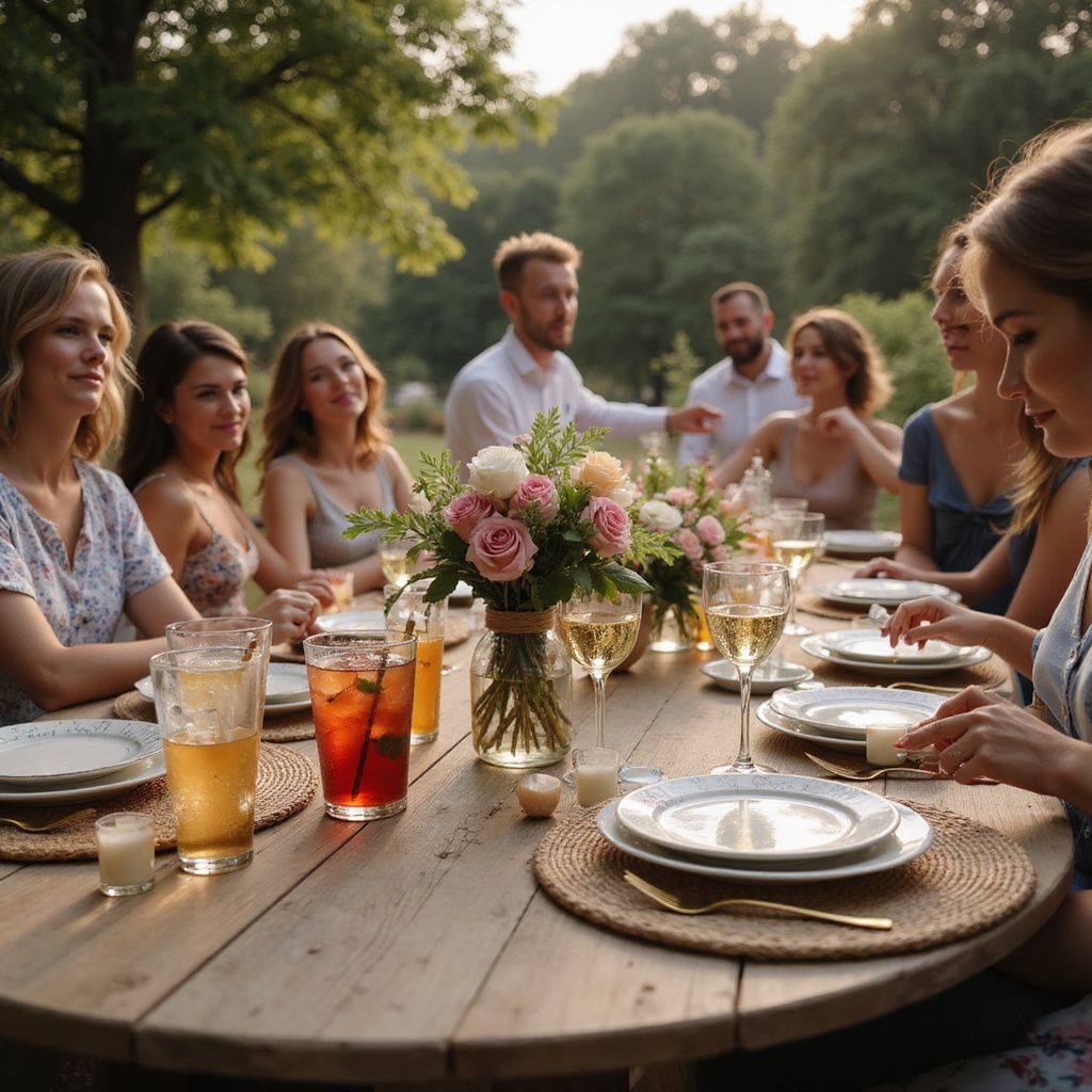 Des gens assis à une table en terrasse avec des boissons et des fleurs. Soleil, visages souriants et ambiance détendue.