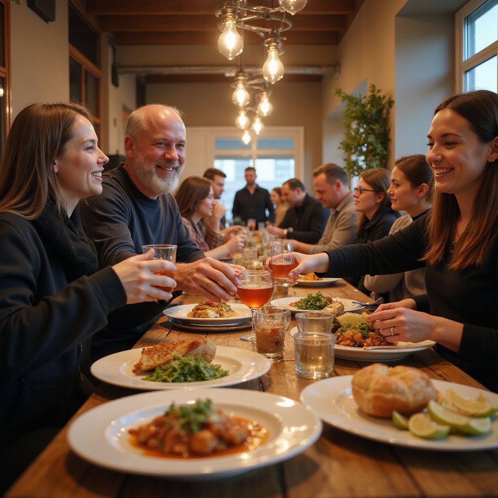 Des gens assis à une longue table, dînant en souriant. Plats, verres de vin et d'eau. À l'intérieur, lumière chaleureuse.