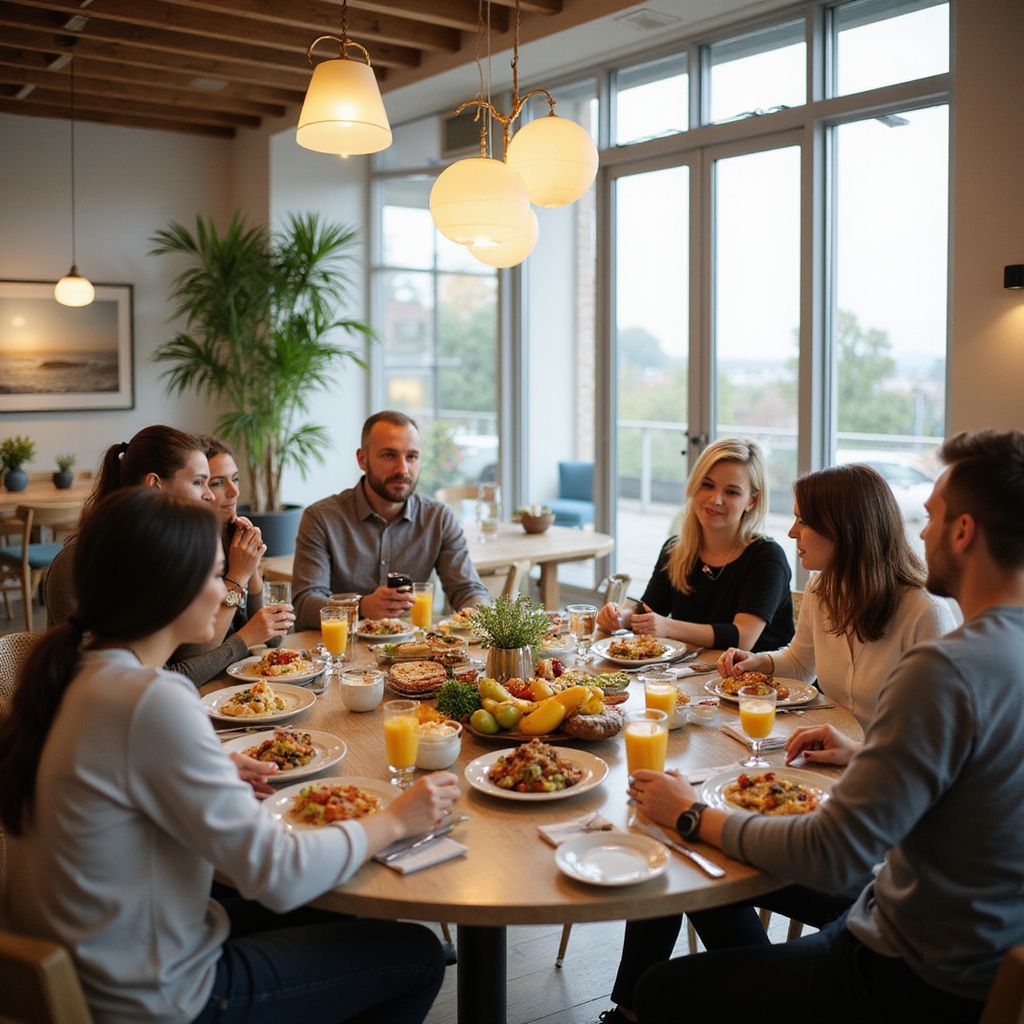 Groupe de personnes autour d'une table ronde, mangeant un repas dans une salle à manger lumineuse et moderne.