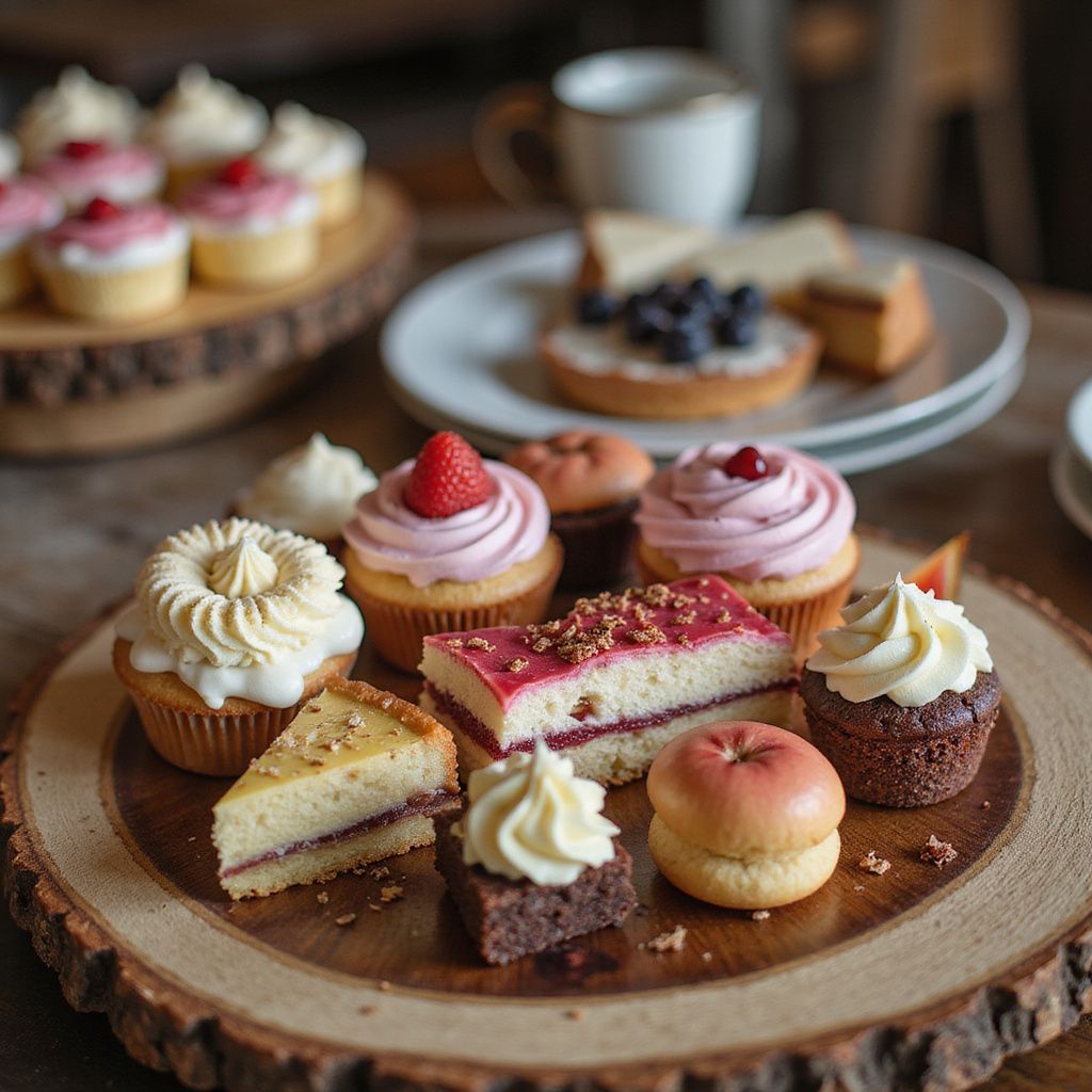 Desserts disposés sur des plateaux en bois : cupcakes, parts de gâteau et une petite pâtisserie aux pommes.