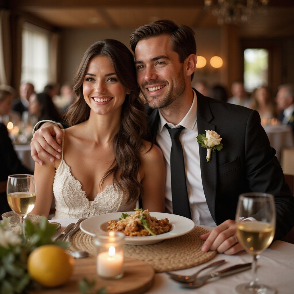 Le couple de mariés sourit à la table du dîner, la mariée en robe blanche, le marié en costume noir, souriant.