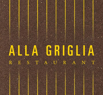 Logo per "Ristorante Alla Griglia" in testo giallo su sfondo marrone testurizzato con linee gialle verticali.
