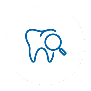 an icon of a tooth with a magnifying glass on it.