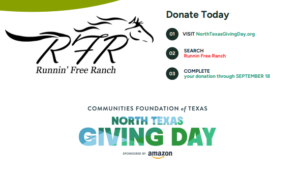 Runnin' Free Ranch fundraising for North Texas Giving Day; a horse logo, and instructions to donate on their website.