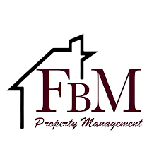 Logo for FBM Property Management: Black house outline over maroon text