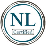 NL Certified seal, teal and brown, with the initials 