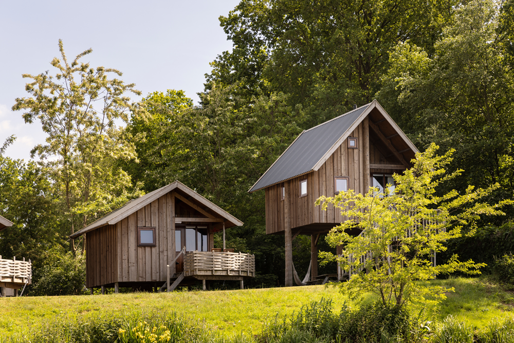 Two wooden cabins on a grassy hill, surrounded by trees. One is raised on stilts.