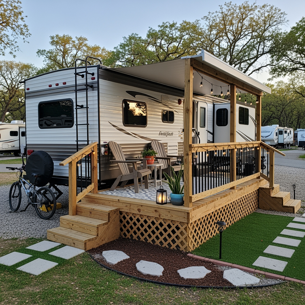 RV with wooden deck, chairs, and string lights, parked at a campsite.