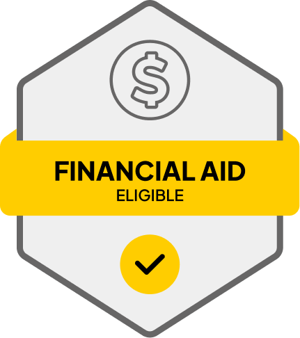 Badge: Financial Aid Eligible, blue banner, building icon, dollar sign.