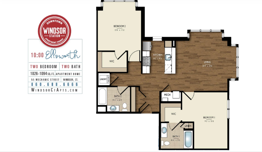 A floor plan of a house with two bedrooms and a bathroom.