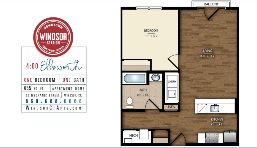 A floor plan of a single bedroom apartment in windsor