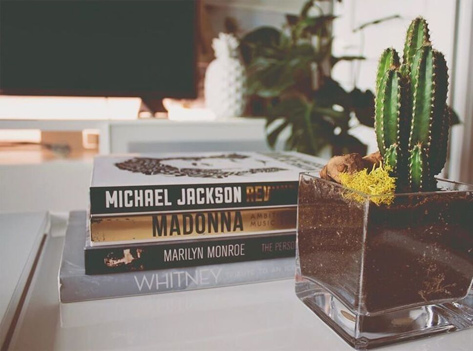 A stack of books including michael jackson madonna and whitney houston