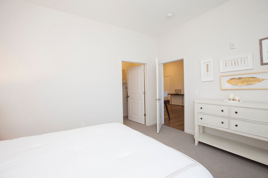 A bedroom with a bed , dresser , and a walk in closet.