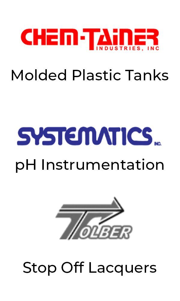 Chem-Tainer Molded Plastic Tanks, Systematic pH Instrumentation, Tolber Stop Off Lacquers