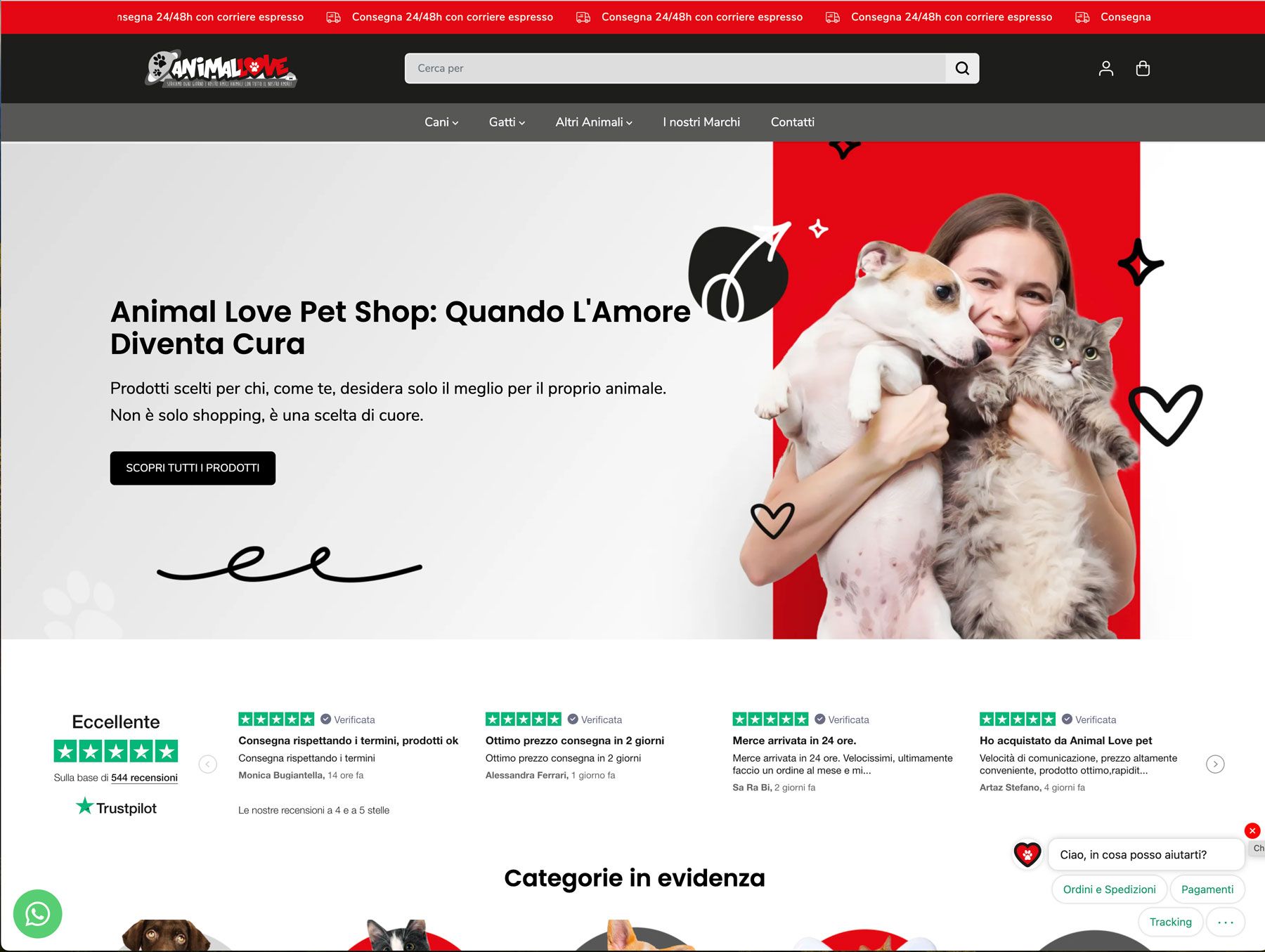 Cosa fare quando un E-commerce  non vende. Una donna tiene in braccio un cane e un gatto su un sito web.