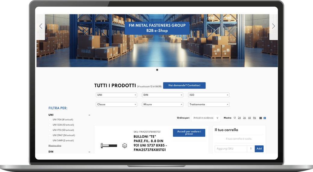 Sito web e-commerce che presenta elementi di fissaggio, con filtri di ricerca e visualizzazione dei prodotti.