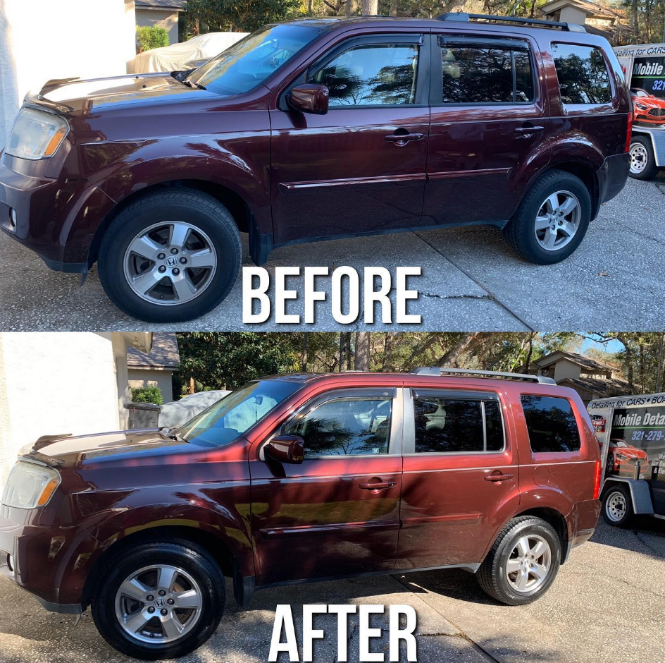 A before-and-after of a maroon Honda Pilot SUV: before, dull; after, shiny with tinted windows.