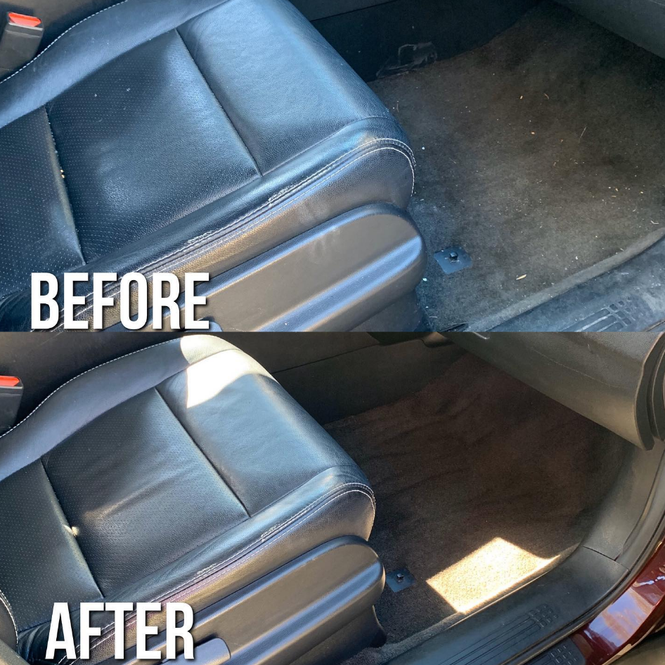 Car interior before and after cleaning: dirty seat and carpet transformed to clean.