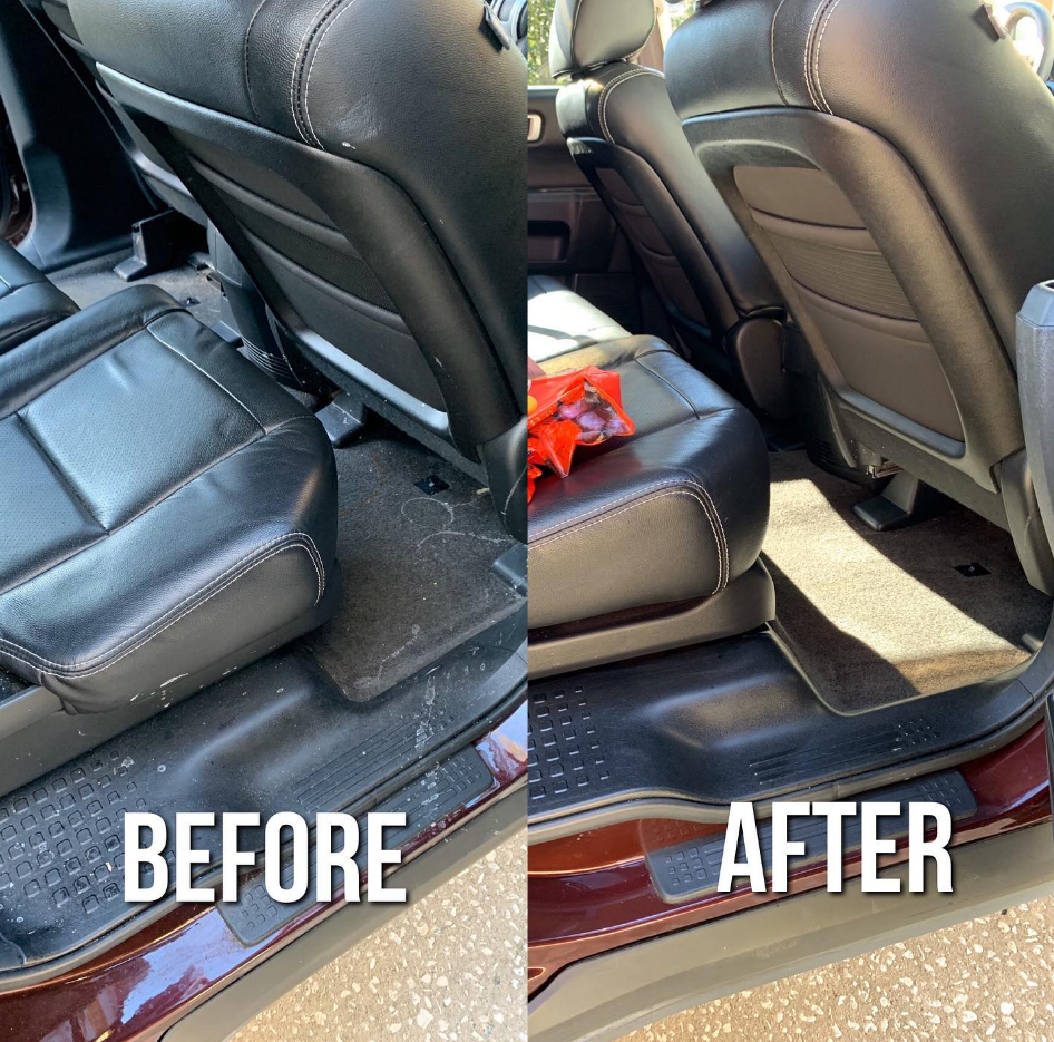 Before-and-after comparison of a car's back seat. The 