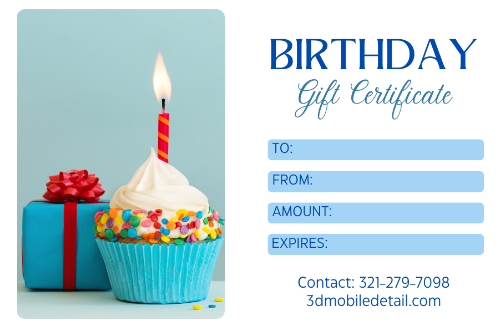 Birthday gift certificate with a cupcake and present, blue and white design.