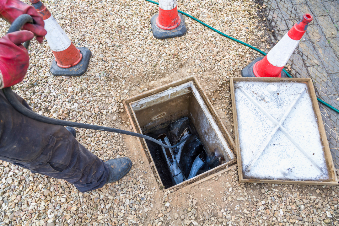 A man is cleaning a drain with a hose.