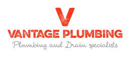 A logo for vantage plumbing with a red v on a white background.