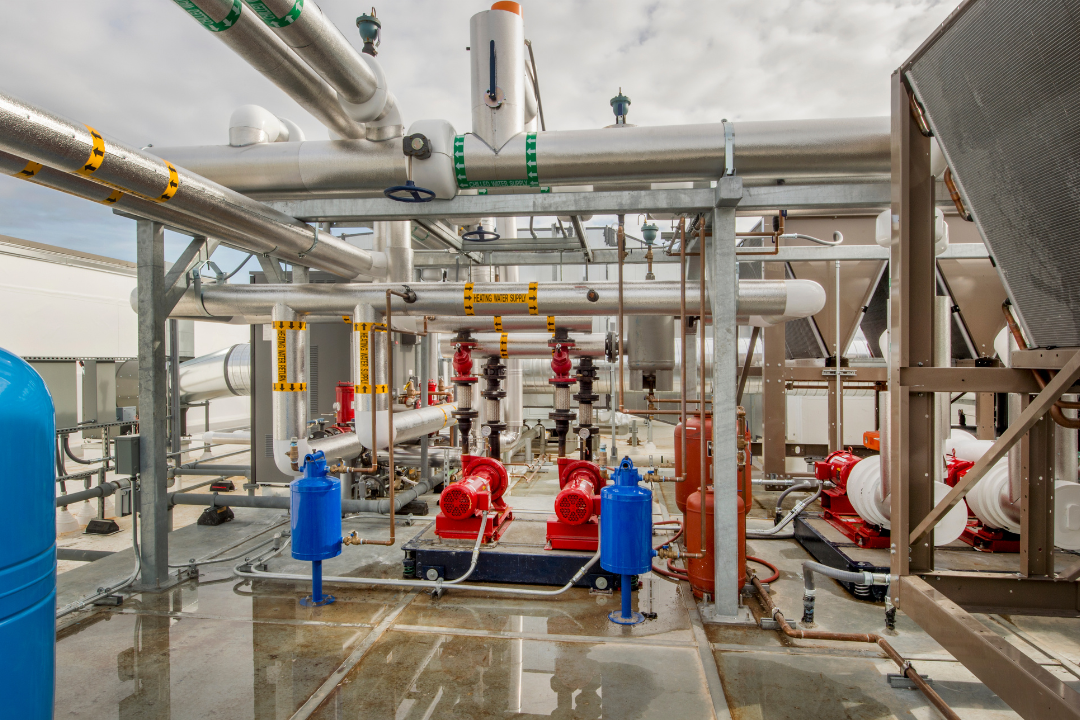 A lot of pipes are connected to each other in a factory.