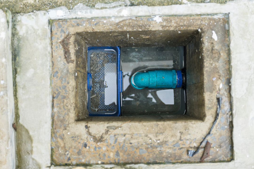 A blue pipe is coming out of a manhole cover.