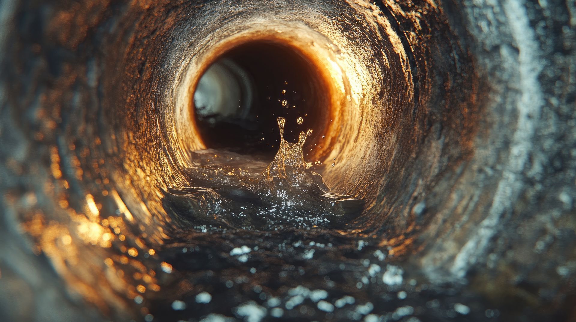 Underground pipe before residential sewer cleaning reveals buildup and light at the tunnel end.