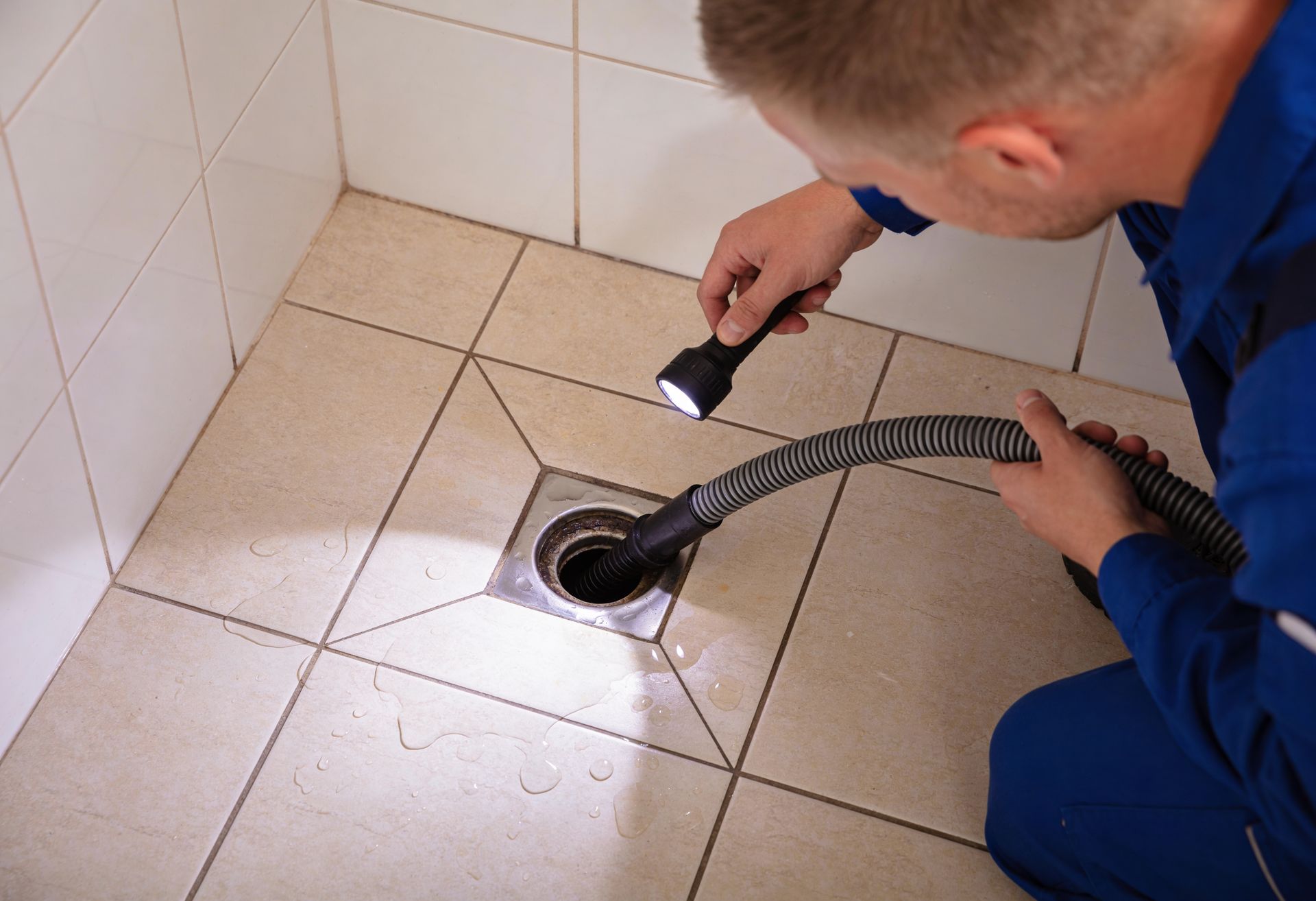 A plumber is cleaning a clogged floor drain with a hose and inspecting it with a flashlight.