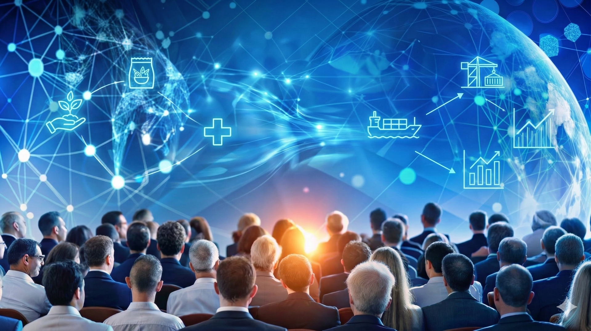 An audience sits in a dark auditorium facing a large screen displaying a glowing, interconnected blue digital globe.