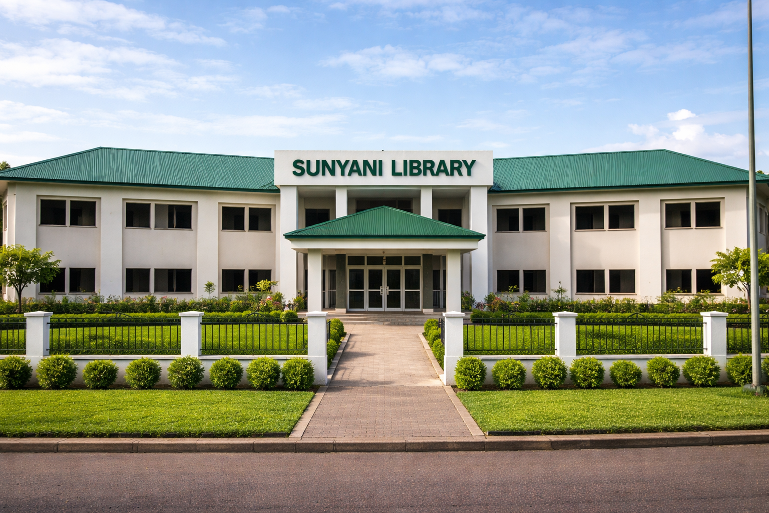 Sunyani Library building with green roof and sign over the entrance. White building with black windows and green landscaping.