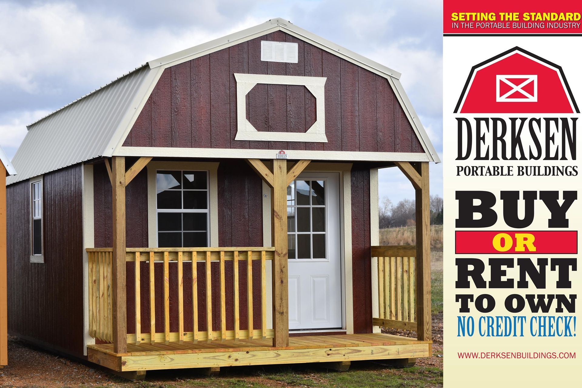 An ad for derksen portable buildings that says buy or rent to own