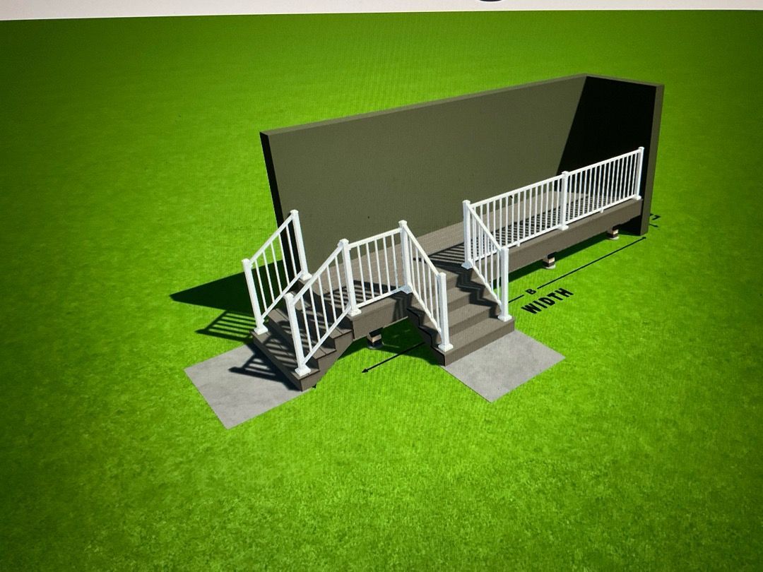 Rendering of a deck with stairs and white railing, against a dark wall, set on green grass.