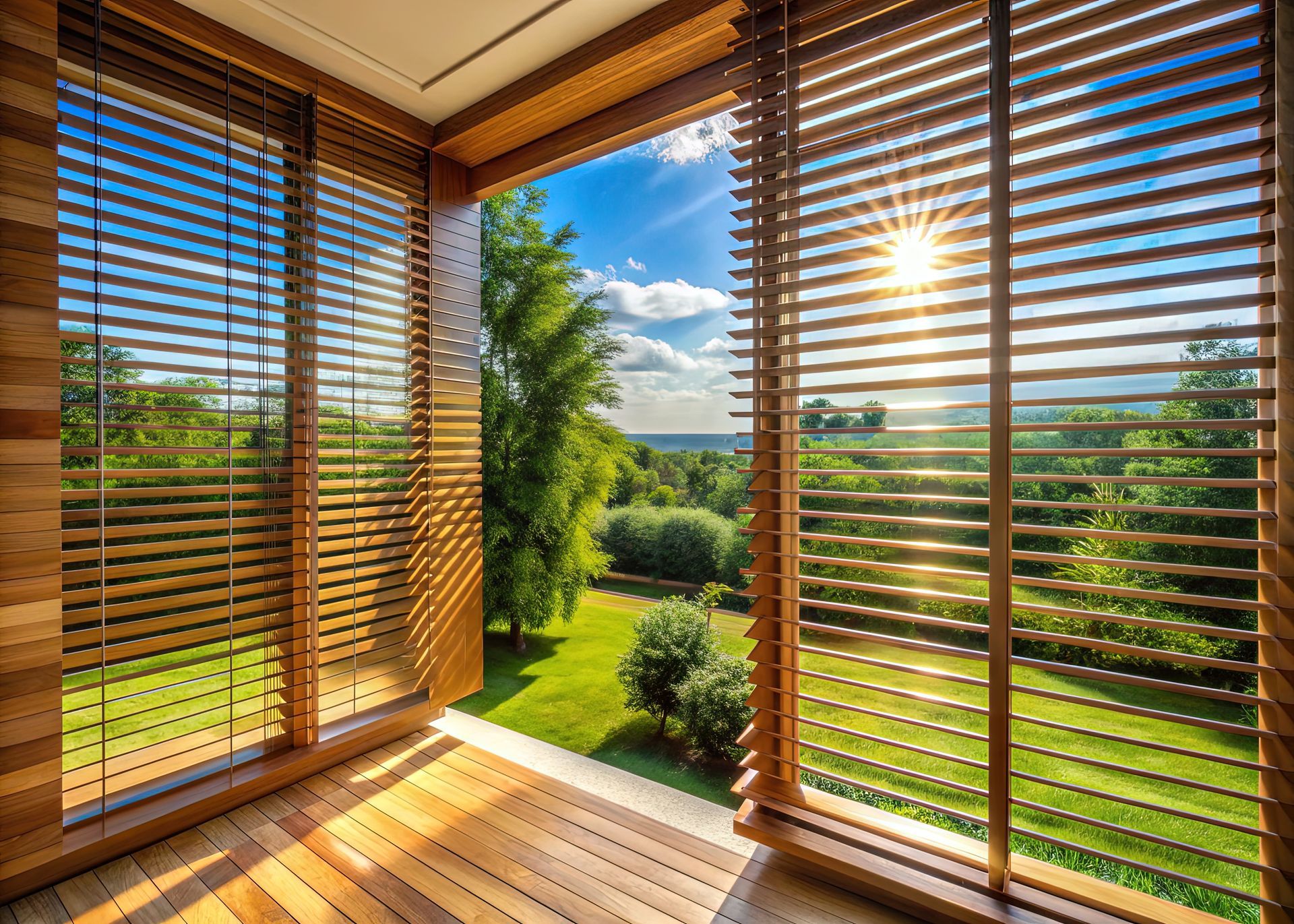 Photograph showing a sunlit wooden balcony with horizontal wooden blinds partially open. Photograph showing a sunlit wooden balcony with horizontal wooden blinds partially open.