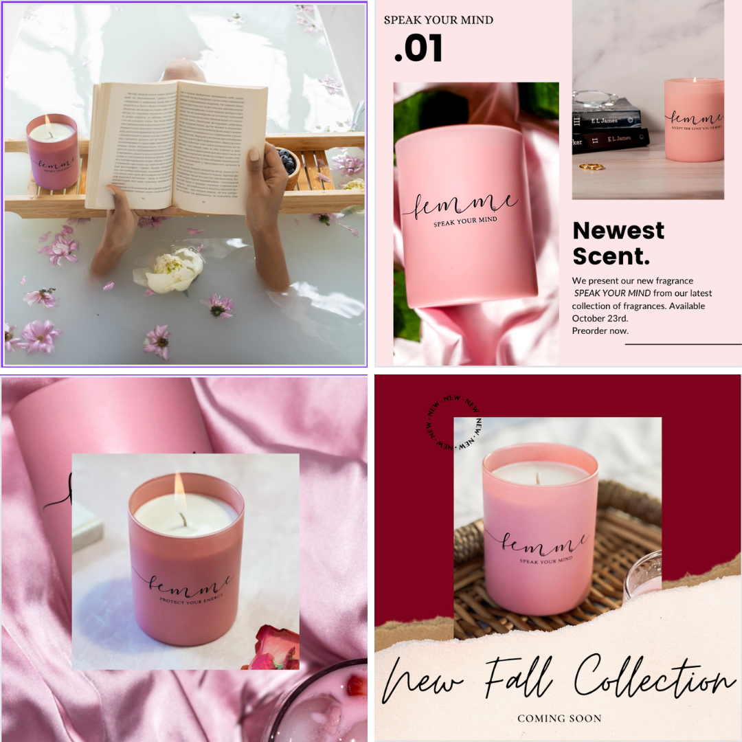 Several designs of instagram graphics for a candle business. Pink, Feminine, and Strong.