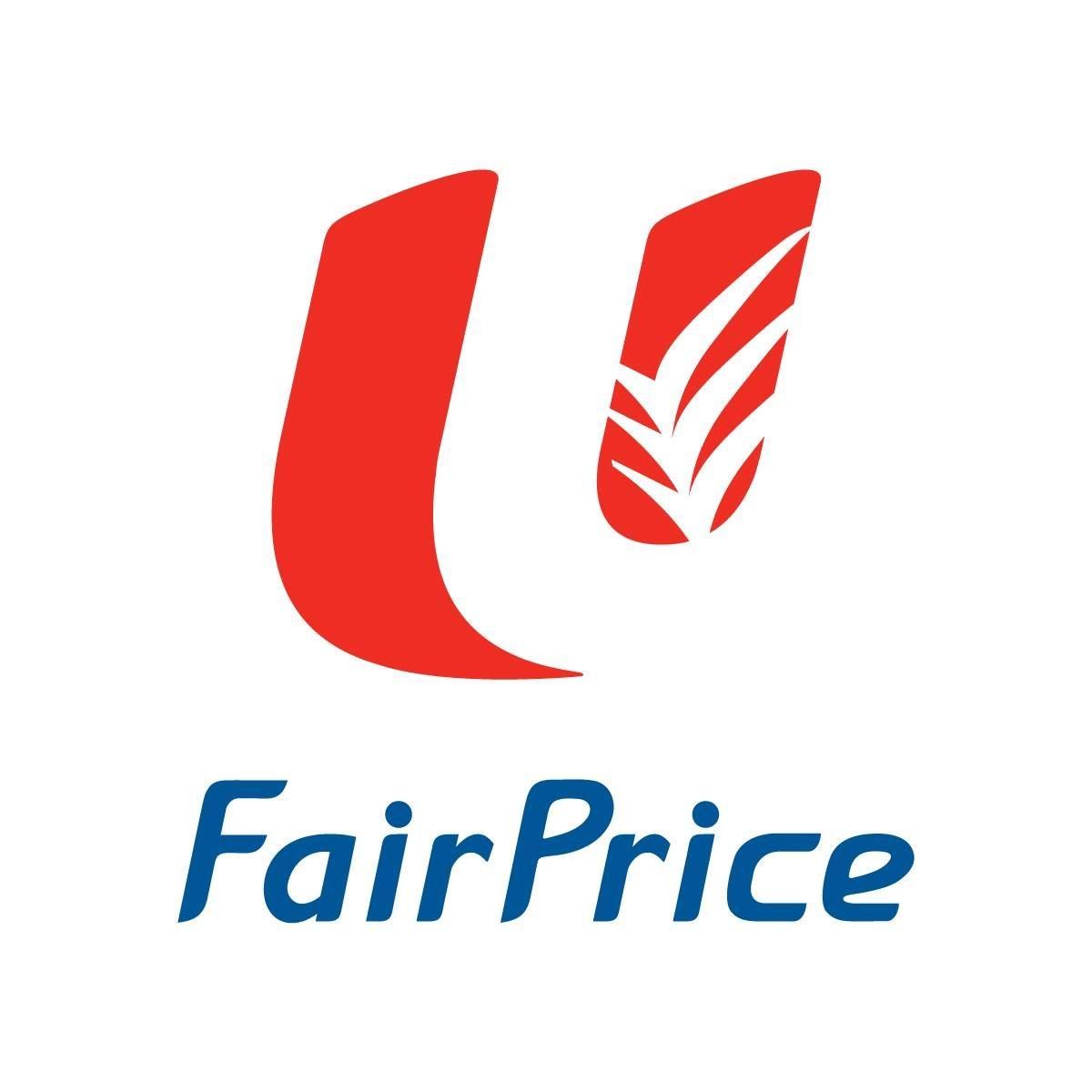 A red and blue logo for fairprice with a leaf on it