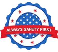 A sticker that says `` always safety first '' on a white background.