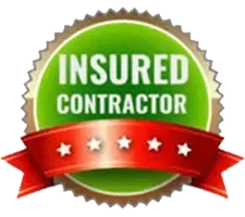 A green insured contractor badge with a red ribbon.