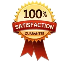 A 100 % satisfaction guarantee badge with a red ribbon.