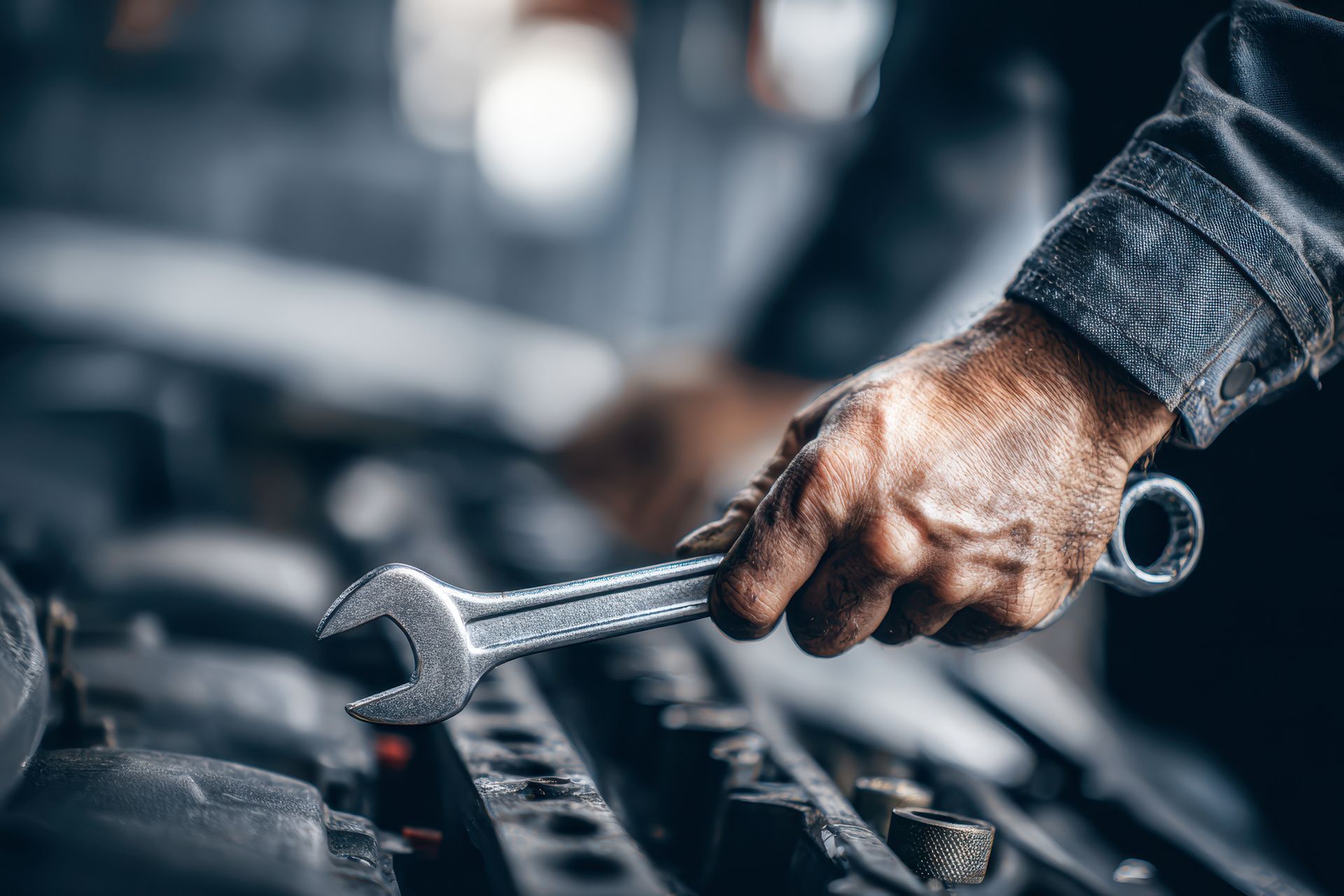 Close-up of a hand using a wrench to repair an engine in a garage