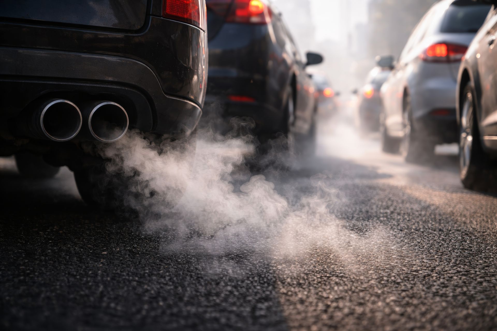 Cars in traffic releasing exhaust smoke on a wet road